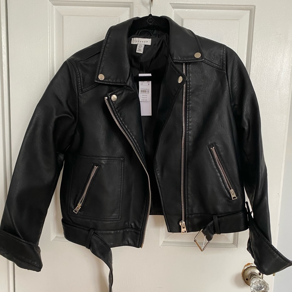 NWT TOPSHOP BLACK LEATHER JACKET US 8